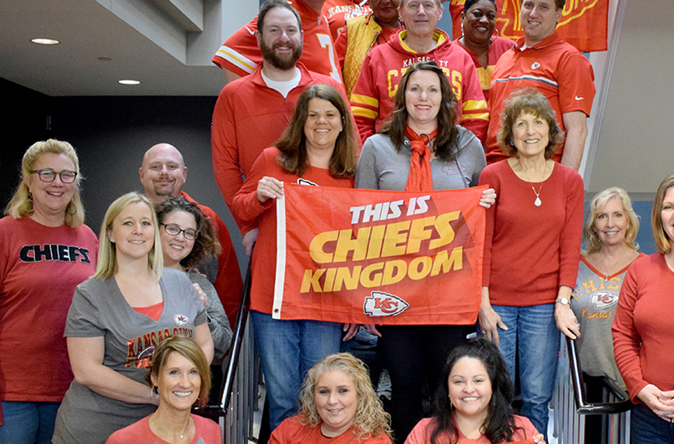 Our GCI team at our headquarters in Overland Park, Kansas representing Chiefs Kingdom in their best Kansas City Chiefs gear 